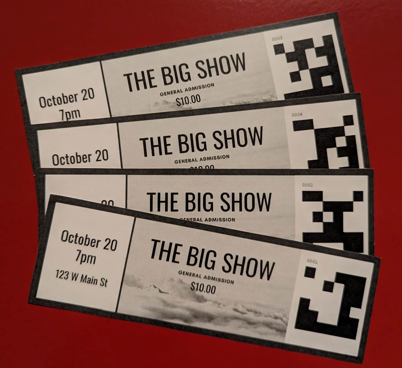 4 Landscape Printed Tickets for The Big Show, red background